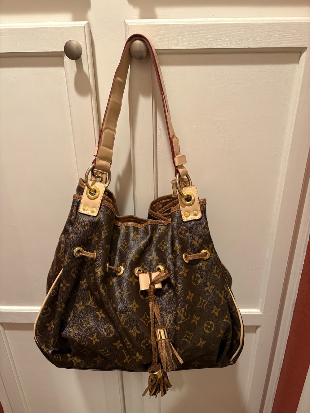 Luxury Monogram Drawstring Shoulder Bag in Brown